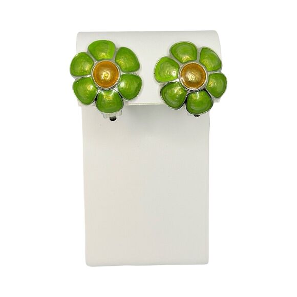 VTG Green Daisy Flower Button Clip On Earrrings 1" Silver Tone Spring Jewelry - Picture 5 of 11